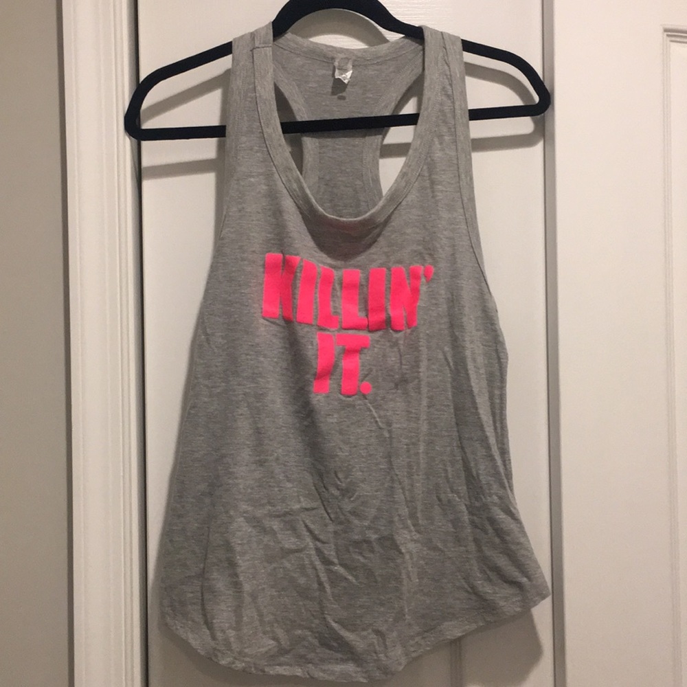 Graphic print gray and neon pink tank top